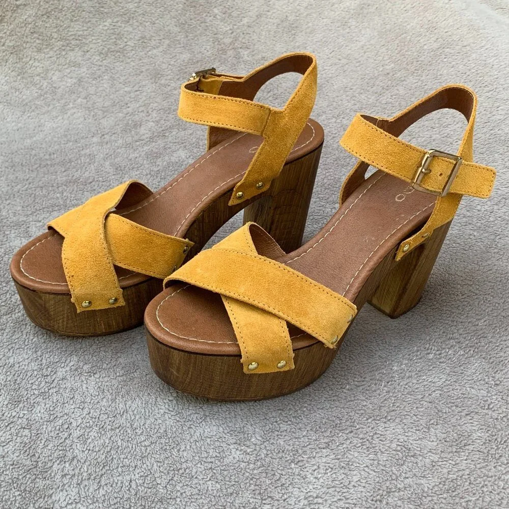 Aldo Deleniel Suede and Wooden Platform Block Heels Sz9 - Picture 5 of 16